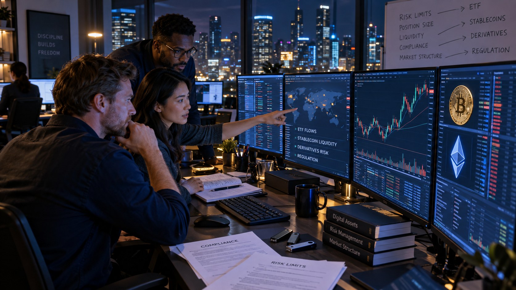 Crypto desks balance ETF flows, stablecoins and derivatives risk